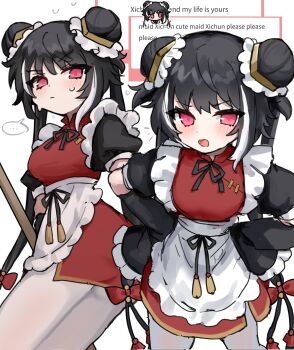 1girl apron black_hair blush chinese_clothes commentary_request detached_sleeves double_bun dress frilled_sleeves frills hair_bun hands_on_own_hips highres jia_xichun_(project_moon) limbus_company long_hair looking_at_viewer maid multicolored_hair open_mouth pantyhose pink_eyes project_moon qi_maid red_dress ro/ku simple_background sleeves_past_fingers sleeves_past_wrists solo streaked_hair sweat twintails very_long_hair waist_apron white_apron white_background white_pantyhose white_streaks