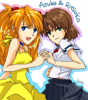 Rule 34 | 2girls, akagi ritsuko, dress, holding hands, kamo., lowres, multiple girls, neon genesis evangelion, neon genesis evangelion (manga), school uniform, souryuu asuka langley, sundress, time paradox, aged down