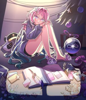 1girl absurdres alternate_costume amphoreus_(honkai:_star_rail) aqua_hair black_shorts book cyrene_(demiurge)_(honkai:_star_rail) cyrene_(honkai:_star_rail) flower hashtag-only_commentary highres honkai:_star_rail honkai_(series) knees_up long_hair mem_(honkai:_star_rail) mobius_(honkai_impact) multicolored_hair open_book pink_hair pointy_ears purple_eyes purple_sweater quill s9897907160915 shorts slippers solo sweater two-tone_hair very_long_hair