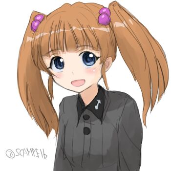 Rule 34 | 1girl, black hat, black jacket, black skirt, blue eyes, brown hair, garrison cap, girls und panzer, girls und panzer phase erika, grey shirt, hair tie, hat, jacket, kuromorimine military uniform, kuromorimine school uniform, long hair, miniskirt, orange hair, red skirt, rou leila, scamp (scamp f16), school uniform, shirt, skirt, twintails