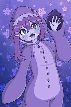 Rule 34 | 1girl, animal hood, asymmetrical hair, blush, blush stickers, colored skin, colored tongue, commentary, cross-shaped pupils, english commentary, eyelashes, fangs, floral background, grey skin, hair between eyes, hair ornament, hairclip, highres, hood, hood up, indie virtual youtuber, long hair, long sleeves, looking at viewer, megalodon (vtuber), official alternate costume, onesie, open mouth, purple background, purple eyes, purple hair, purple pupils, purple theme, purple tongue, shark hood, shinysol, skin fangs, smile, solo, symbol-shaped pupils, virtual youtuber, waving