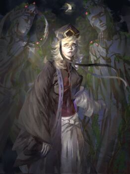 1boy blonde_hair commentary_request douma_(kimetsu_no_yaiba) hair_between_eyes highres kaoxiannv kimetsu_no_yaiba long_hair looking_at_viewer male_focus patterned_hair red_shirt shirt smile solo tight_clothes tight_shirt