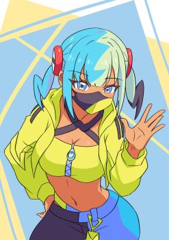 1girl absurdres aqua_hair blonde_hair blue_eyes breasts canari_(pokemon) cleavage cowboy_shot crop_top cropped_jacket dark-skinned_female dark_skin hand_on_own_hip highres jacket leaning_forward looking_at_viewer mask medium_breasts midriff mouth_mask multicolored_hair navel nintendo open_hand pants pokemon pokemon_legends:_z-a short_twintails solo split-color_hair twintails two-tone_pants waving yellow_jacket yifeng_(user_ufpd4752) zipper_pull_tab