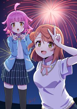 2girls absurdres ahoge black_thighhighs blue_jacket blue_shirt blue_skirt blunt_bangs blunt_ends blush breasts collared_shirt commentary_request fireworks green_eyes hair_bun hair_ornament hairclip hands_up highres hood hooded_jacket ice_compass0610 jacket long_sleeves looking_at_viewer love_live! love_live!_nijigasaki_high_school_idol_club medium_breasts medium_hair multiple_girls neck_ribbon night nijigasaki_school_uniform open_clothes open_jacket open_mouth pink_hair pink_ribbon plaid_clothes plaid_skirt pleated_skirt red_hair ribbon school_uniform shirt short_sleeves single_side_bun skirt standing summer_uniform swept_bangs tennoji_rina thighhighs uehara_ayumu upper_body v vest yellow_eyes yellow_ribbon yellow_vest zettai_ryouiki
