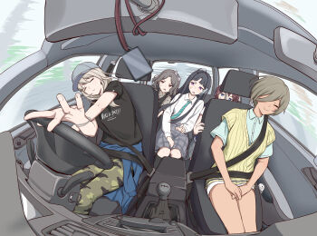 Rule 34 | 5girls, anglediana, awa subaru, black hair, black shirt, blonde hair, car, car interior, chinese commentary, closed eyes, commentary request, dark-skinned female, dark skin, driving, ebizuka tomo, fisheye, foreshortening, girls band cry, greyscale, highres, iseri nina, kawaragi momoka, long hair, looking at another, mole, mole under eye, monochrome, motor vehicle, multiple girls, plaid clothes, plaid skirt, purple eyes, rupa (girls band cry), shirt, sitting, skirt, smile, togenashi togeari, white shirt