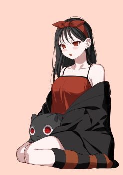 1girl absurdres bare_shoulders black_hair black_jacket breasts camisole chihara_mai collarbone commentary_request earrings full_body hair_ribbon highres jacket jewelry jirai_nan_desu_ka?_chihara-san large_breasts light_blush long_hair no_shoes off_shoulder open_mouth orange_background red_camisole red_eyes red_ribbon ribbon ryon_(ryonhei) simple_background sitting socks solo striped_clothes striped_socks stuffed_animal stuffed_cat stuffed_toy wariza