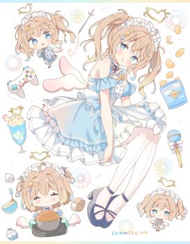1girl :q absurdres bag_of_chips bare_shoulders black_shoes blue_eyes blue_hair blue_jacket blush breasts brown_hair center_frills chibi chips_(food) closed_mouth commentary_request commission controller copyright_request dress food frilled_dress frills game_controller gradient_hair halo heart heart-shaped_pupils highres holding holding_tray ice_cream ice_cream_float jacket long_sleeves low_wings medium_breasts microphone multicolored_hair multiple_views pantyhose potato_chips puffy_long_sleeves puffy_sleeves shoes skeb_commission smile symbol-shaped_pupils tongue tongue_out tray tsukiyo_(skymint) twintails virtual_youtuber white_background white_pantyhose white_wings wings