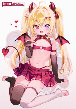 1boy arm_strap arm_support artist_name asymmetrical_legwear black_thighhighs blonde_hair blue_eyes bridal_legwear choker commission d_omm demon_boy demon_tail demon_wings detached_collar elbow_gloves fang fingerless_gloves gloves hair_between_eyes hair_ornament hand_up heart heart_hair_ornament heart_o-ring heart_ring_top heterochromia loli long_hair male_focus micro_bra navel o-ring open_mouth original panty_straps petite pink_nails pointy_ears red_eyes red_skirt sidelocks sitting skeb_commission skin_fang skindentation skirt solo stomach tail thighhighs toes trap two_side_up v wariza watermark white_thighhighs wings