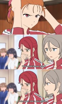 5girls blue_eyes blush commentary covering_own_mouth english_commentary grey_hair hand_over_own_mouth highres jacket kawaii_dake_ja_nai_shikimori-san love_live! love_live!_sunshine!! meme multiple_girls nose_blush open_clothes open_jacket orange_hair parted_lips red_eyes red_hair red_jacket rei_yousuru sakurauchi_riko screenshot_background takami_chika that&#039;s_your_girlfriend_(meme) track_jacket v-shaped_eyebrows watanabe_you yellow_eyes yuri