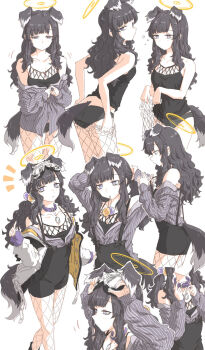 Rule 34 | 1girl, alternate hairstyle, animal collar, animal ears, arms behind head, bags under eyes, black hair, black overalls, black panties, black tank top, blue archive, breasts, bright pupils, cleavage, collar, collarbone, collared shirt, commentary request, dog ears, dog girl, dog tail, dressing, fishnets, goggles, goggles on head, grey background, grey eyes, grey shirt, hair bobbles, hair focus, hair ornament, halo, hand in own hair, hands in hair, hariyaa, hibiki (blue archive), highres, holding, holding own hair, jacket, long hair, long sleeves, low twintails, medium breasts, multicolored hair bobbles, multiple views, off shoulder, overalls, panties, purple collar, shirt, simple background, striped clothes, striped shirt, tail, tank top, twintails, tying hair, underwear, wavy hair, white jacket, white pupils