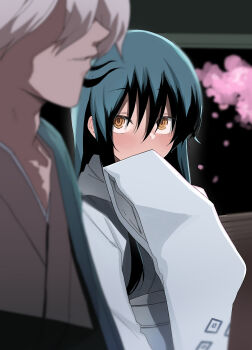1boy 1girl absurdres black_hair blush cherry_blossoms commentary_request covering_own_mouth enarizushi_(donkichikin) highres japanese_clothes kimono long_hair looking_at_another nura_rikuo nurarihyon_no_mago obi oikawa_tsurara petals ringed_eyes sash sleeves_past_fingers sleeves_past_wrists white_hair white_kimono wide_sleeves yellow_eyes yuki_onna_(nurarihyon_no_mago)