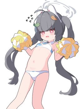 1girl absurdres animal_ears black_hair blue_archive cheerleader commentary_request halo highres holding leaf leaf_on_head loli long_hair miyu_(blue_archive) navel panties pom_pom_(cheerleading) red_eyes shirousagi_(user_erwx7425) simple_background solo twintails underwear variant_set white_background