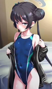 1girl bed black_hair blue_archive blue_one-piece_swimsuit breasts commentary_request competition_swimsuit contrapposto covered_navel double_bun gluteal_fold grey_eyes grey_halo hair_bun halo highres jacket kisaki_(blue_archive) long_hair multicolored_swimsuit one-piece_swimsuit open_clothes open_jacket small_breasts solo swimsuit tsuchimiya twintails