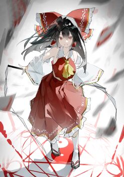 Rule 34 | 1girl, absurdres, ascot, bow, brown hair, commentary, detached sleeves, frilled bow, frilled hair tubes, frilled skirt, frills, full body, gohei, hair bow, hair tubes, hakurei reimu, highres, holding, holding gohei, kurukuru1202kr, long hair, looking at viewer, magic circle, ofuda, red bow, red eyes, red skirt, ribbon-trimmed sleeves, ribbon trim, sandals, skirt, skirt set, smile, socks, solo, touhou, white socks, yellow ascot