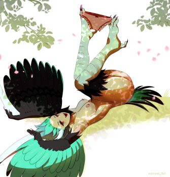 1girl absurdres animal_ears ass bird_ears bird_legs bird_tail black_feathers black_wings blush branch breasts claws clip_studio_paint_(medium) commentary commission dappled_sunlight english_commentary feathered_wings feathers green_feathers green_hair green_wings harpy highres holding_with_feet looking_at_viewer lying medium_breasts monster_girl multicolored_hair nipples nude on_back open_mouth original panties pink_eyes pink_nails slit_pupils solo sunlight tail talons teeth two-tone_hair two-tone_wings underwear unreal_fish unworn_panties upper_teeth_only white_background white_hair winged_arms wings