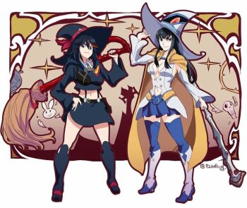2girls adapted_costume alternate_costume artist_request black_hair blue_eyes boots branch breasts broowm cape cleavage_cutout clothing_cutout hat high_heels junketsu kill_la_kill large_breasts little_witch_academia long_hair multiple_girls navel navel_cutout senketsu siblings sisters skirt skull staff suspenders thighhighs trigger_(company) witch witch_hat