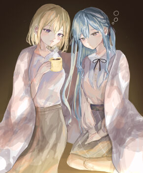 2girls absurdres bang_dream! bang_dream!_it&#039;s_mygo!!!!! black_ribbon blonde_hair blue_hair commentary cup grey_skirt hair_between_eyes hair_ribbon highres holding holding_cup latte_bf long_hair long_sleeves misumi_uika multiple_girls neck_ribbon open_mouth purple_eyes ribbon shared_blanket shirt short_hair short_sleeves sidelocks skirt sleepy squeans steam togawa_sakiko white_shirt yellow_eyes