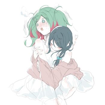 2girls @_@ bangs_pinned_back black_hair blue_scrunchie blush brown_cardigan cardigan closed_eyes closed_mouth commentary_request diaa_018 dress green_eyes green_hair hair_between_eyes hair_ornament hair_scrunchie hairclip hatsune_miku heart highres hoshino_ichika_(project_sekai) hug korean_commentary leo/need_miku long_hair long_sleeves looking_to_the_side multicolored_hair multiple_girls nose_blush off_shoulder open_mouth paperclip paperclip_hair_ornament project_sekai red_hair scrunchie sidelocks simple_background sitting sketch smile sweat turning_head twintails two-tone_hair vocaloid white_background white_dress wide-eyed yuri