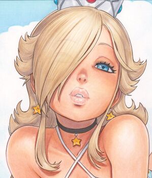 Rule 34 | 1girl, blonde hair, choker, cloud, collarbone, commentary, criss-cross halter, crown, earrings, english commentary, hair over one eye, halterneck, head tilt, highres, jewelry, long hair, looking at viewer, mario (series), nintendo, omar dogan, one eye covered, parted lips, pink lips, portrait, rosalina, sidelocks, sky, solo, star (symbol), star choker, star earrings, super star (mario)