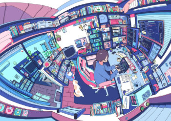 1girl absurdly_detailed_composition akabane_1999 animal book bookshelf brown_hair cat chair clock clothes_hanger computer computer_keyboard computer_mouse container crt cup desk fisheye gaming_chair highres indoors laptop loaded_interior long_hair long_sleeves monitor mug notebook notepad original pen pencil phone plant ponytail potted_plant rug scenery shelf shirt shorts sitting slice_of_life solo stuffed_animal stuffed_toy swivel_chair television wide_shot window window_blinds
