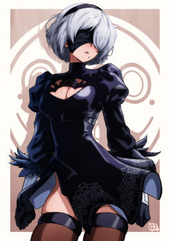 1girl 2b_(nier:automata) absurdres black_dress black_gloves black_hairband black_thighhighs blindfold border breasts brown_background cleavage_cutout clothing_cutout cowboy_shot dress feather_trim gloves gravydood grey_hair hairband highres juliet_sleeves long_sleeves medium_breasts mole mole_under_eye nier:automata nier_(series) puffy_sleeves short_dress short_hair side_slit skindentation solo thighhighs thighs turtleneck white_border