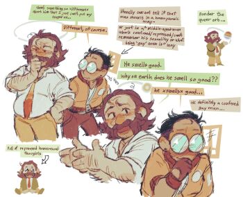 2boys arm_hair black_eyes black_hair bomber_jacket brown_hair chibi chibi_only commentary disco_elysium english_commentary english_text facial_hair glasses hand_on_own_chin hand_on_own_hip harry_du_bois highres jacket kim_kitsuragi male_focus multiple_boys mutton_chops necktie orange_jacket orange_necktie shirt sleeves_rolled_up source_quote time_woods white_shirt yaoi