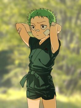 1boy 53_(kanimisomrmr) aged_down arms_up bandaid bandaid_on_arm bandaid_on_face bandaid_on_nose black_eyes blurry blurry_background cowboy_shot green_hair highres japanese_clothes looking_ahead male_focus one_piece roronoa_zoro short_hair solo