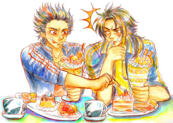 Rule 34 | 2boys, anger vein, angry, bad id, bad pixiv id, blonde streaks, cake, cake slice, coffee mug, cream, cream on face, cup, dessert, food, food on face, fork, fruit, hair tie, jacket, kamen rider, kamen rider den-o (series), kintaros, licking, long hair, macaron, male focus, momotaros, mug, multiple boys, nogami ryoutarou, parfait, pie, ponytail, possessed, possession, pudding, red eyes, red streaks, short hair, spoon, stealing food, strawberry, streaked hair, striped clothes, striped jacket, sweets, tongue, tongue out, tray, utensil, wafer, wafer stick, whipped cream, yellow eyes