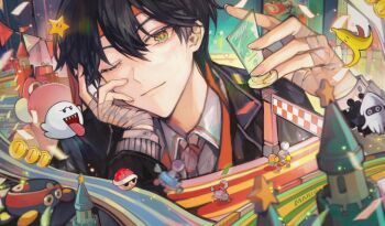 1boy banana_peel bandaged_hand bandages biddybuggy black_jacket blooper_(mario) boo_(mario) bunting castle closed_mouth coin collared_shirt commentary_request crossover head_rest headband highres jacket kenmochi_touya looking_at_viewer male_focus mario_(series) mario_kart nijisanji nintendo one_eye_closed pennant red_headband red_shell_(mario) red_yoshi shirt solo string_of_flags super_star_(mario) tsuta1218 upper_body virtual_youtuber yoshi