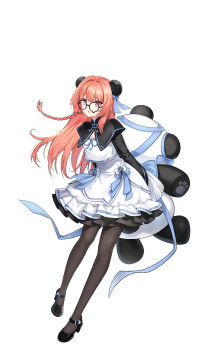 1girl :o absurdres arms_behind_back black-framed_eyewear black_pantyhose black_shoes black_shrug blue_bow blue_ribbon bow braid bun_cover closers collared_shrug crop_top doll double_bun full_body glasses hair_bow hair_bun high-waist_skirt high_heels highres holding holding_doll layered_skirt long_hair looking_at_viewer luna_aegis_(closers) mandarin_collar mary_janes miniskirt official_art orange_hair pantyhose pink_eyes ribbon round_eyewear shirt shoes shrug_(clothing) side_braid skirt skirt_bow solo standing stuffed_animal stuffed_toy tachi-e teardrop-framed_glasses white_background white_shirt wide_sleeves