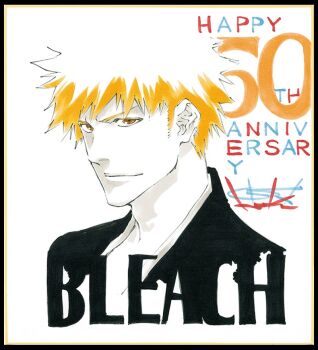 Rule 34 | 1boy, artist name, bleach, brown eyes, closed mouth, copyright name, english text, happy anniversary, japanese clothes, kubo tite, kurosaki ichigo, male focus, marker (medium), orange hair, shihakusho, shikishi, shonen jump, short hair, simple background, spiked hair, traditional media, upper body, white background