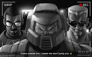 3boys armor cigar doom_(series) doomguy duke_nukem duke_nukem_(character) duke_nukem_(series) english_text evil_grin evil_smile gordon_freeman grin half-life_(series) helmet hev_suit monochrome multiple_boys praying_emoji serious smile smoking snapchat substance20 viewfinder