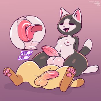 2boys anilingus animal_ears anus arms_behind_back cat_ears cat_tail closed_eyes erection feet felyne foreskin frumples furry happy_sex highres large_penis large_testicles lying monster_hunter_(series) multiple_boys navel nipples nude on_back open_mouth felyne pawpads penis phimosis puckered_anus purple_background sitting sitting_on_person spread_legs tail testicles thick_thighs thighs tongue uncensored wide_hips yaoi