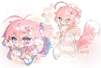 1girl animal_ears antenna_hair bell blue_eyes chain chain_leash closed_mouth cloud_(lufaeris) commentary english_commentary grey_shirt hair_ornament hair_over_one_eye hairclip highres jingle_bell leash long_sleeves looking_at_viewer medium_hair multiple_views open_mouth original parallel_hairclips parted_bangs pink_hair shirt striped_clothes striped_shirt tail white_background