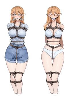 2girls absurdres arms_behind_back bdsm blush bondage bound bound_arms bound_legs bra commentary crotch_rope english_commentary female_focus gag harris_hero highres lingerie multiple_girls original panties restrained rope shibari simple_background standing underwear underwear_only white_background