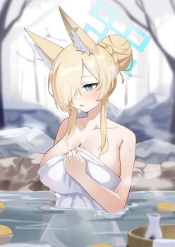 1girl absurdres animal_ear_fluff animal_ears blonde_hair blue_archive blue_eyes blue_halo blurry blurry_background blush breasts collarbone commentary_request depth_of_field dog_ears dog_girl extra_ears fox_ears hair_bun hair_over_one_eye halo highres inapple kanna_(blue_archive) korean_commentary large_breasts looking_at_viewer notched_ear onsen sidelocks solo towel