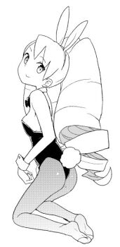 1girl animal_ears ass black_leotard black_pantyhose commentary_request drill_hair fake_animal_ears fake_tail greyscale heriyama kneeling leotard long_hair looking_at_viewer luna_platz_(mega_man) mega_man_(series) mega_man_star_force_(series) monochrome pantyhose playboy_bunny rabbit_ears rabbit_tail simple_background smile tail twin_drills very_long_hair white_background wrist_cuffs