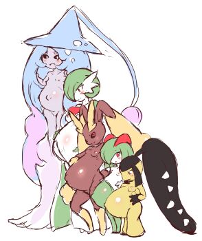 0k0j0 2020 5girls absurdres black_eyes black_sclera blush breasts colored_sclera colored_skin extra_mouth gardevoir gen_3_pokemon gen_4_pokemon gen_8_pokemon green_hair green_skin hatterene height_difference highres kirlia loli long_ears looking_at_viewer lopunny mawile multiple_girls nintendo nude pokemon pokemon_(creature) pregnant pregnant_loli red_eyes simple_background small_breasts standing white_background