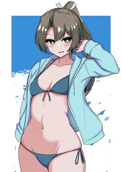 1girl absurdres aqua_bikini aqua_jacket bikini blush breasts front-tie_bikini_top front-tie_top green_eyes green_hair hair_between_eyes hair_ribbon highres hood hooded_jacket jacket jacket_over_swimsuit kantai_collection long_hair long_sleeves looking_at_viewer navel official_alternate_costume official_alternate_hairstyle ponytail ribbon side-tie_bikini_bottom small_breasts swimsuit tokiwa_senkei very_long_hair zuikaku_(kancolle) zuikaku_(swimsuit)_(kancolle) zuikaku_kai_ni_(kancolle)
