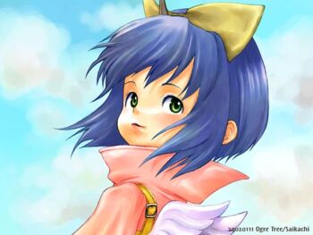 1girl 2002 artist_name bad_id blue_hair bow commentary_request dated eiko_carol final_fantasy final_fantasy_ix green_eyes hair_bow horns looking_back mini_wings saikachi_(ogre_tree) short_hair single_horn solo upper_body white_wings wings yellow_bow