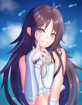 1girl absurdres black_hair blue_hair breasts bridal_gauntlets cheek_poking cho_kaguya-hime! clenched_teeth colored_inner_hair commentary_request green_eyes highres index_finger_raised large_breasts long_hair looking_at_viewer mukunoki_(maya-2bp5eah8sd4s56efward) multicolored_hair poking sakayori_iroha solo teeth