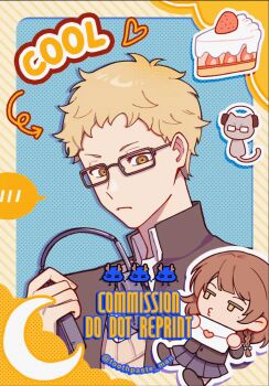 1boy 1girl :3 animated animated_gif blonde_hair blush border brown_eyes brown_hair cake cake_slice character_request chibi chibi_inset closed_mouth cloud commentary_request copyright_request crescent drawn_ears food glasses headphones hetero holding holding_headphones holding_letter letter looking_at_viewer love_letter medium_hair mole mole_under_eye outside_border pleated_skirt school_uniform screentones short_hair skirt speech_bubble upper_body yagao_chaoren yellow_border yellow_eyes