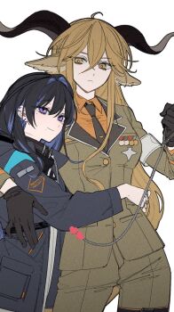 Rule 34 | 170x155x161, 2girls, ahoge, animal ears, arknights, armband, black gloves, black hair, black horns, black jacket, black necktie, blonde hair, buttons, chain, chain leash, closed mouth, colored inner hair, commentary request, cowboy shot, crossed bangs, curled horns, degenbrecher (arknights), doctor (arknights), ear piercing, earrings, female doctor (arknights), gloves, green jacket, green pants, grey armband, hair between eyes, height difference, highres, holding, holding leash, horns, hug, jacket, jewelry, korean commentary, lapels, leash, long hair, long sleeves, medal, medium hair, military jacket, mole, mole under eye, mole under mouth, multicolored hair, multiple girls, multiple moles, necktie, orange shirt, pants, piercing, purple eyes, purple hair, shirt, simple background, smile, standing, white background, yellow eyes, yuri