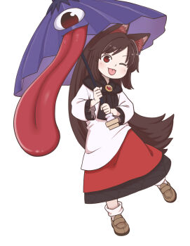 1girl ;p animal_ear_fluff animal_ears brown_hair brown_shoes commentary_request dress full_body highres holding holding_umbrella imaizumi_kagerou loafers long_dress long_hair long_sleeves looking_at_viewer one_eye_closed parted_bangs poronegi purple_umbrella red_dress red_eyes shoes simple_background socks solo tatara_kogasa tatara_kogasa_(umbrella) tongue tongue_out touhou two-tone_dress umbrella very_long_hair white_background white_dress white_socks wolf_ears wolf_girl
