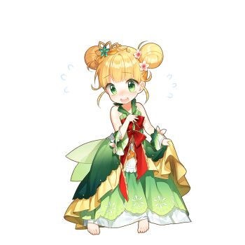 1girl aged_down bare_shoulders barefoot blonde_hair bow bowtie clothes_lift double_bun dress flower gold_tiara green_dress green_eyes hair_bun hair_flower hair_ornament red_bow red_bowtie salt_(salty) sapphire_emerald short_hair skirt skirt_lift tearing_up uchi_no_hime-sama_ga_ichiban_kawaii