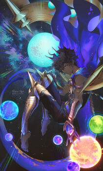 1boy arjuna_(fate) arjuna_alter_(fate) arjuna_alter_(third_ascension)_(fate) armor artist_name barefoot black_hair blue_tail brown_eyes brown_hair cape clothing_cutout dark-skinned_male dark_skin darkavey dynamic_pose fate/grand_order fate_(series) fighting_stance floating floating_object glowing hair_between_eyes highres horns jewelry light_particles looking_at_viewer male_focus open_hand pants planet revealing_clothes shine side_cutout sky sleeveless solo space star_(sky) star_(symbol) starry_sky starry_sky_background tail vambraces