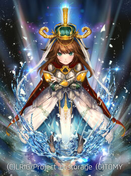 1girl armor armored_dress black_shoes brown_hair closed_mouth copyright_notice crossed_arms dqn_(dqnww) dress excaliburn_(wixoss) green_eyes hair_flaps long_hair looking_at_viewer official_art shoes sidelocks solo sword very_long_hair water weapon white_dress wixoss