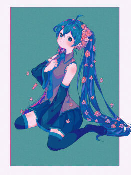 1girl ahoge aqua_background bare_shoulders black_boots black_skirt black_sleeves blue_eyes blue_hair blue_necktie blush boots border breasts closed_mouth commentary_request detached_sleeves double-parted_bangs flower full_body grey_shirt hair_between_eyes hair_flower hair_ornament hand_on_own_chest hatsune_miku highres long_hair looking_at_viewer miku_day necktie okubatomaeba outside_border pink_flower shirt sitting skirt sleeveless sleeveless_shirt small_breasts smile solo thigh_boots twintails very_long_hair vocaloid white_border yokozuwari