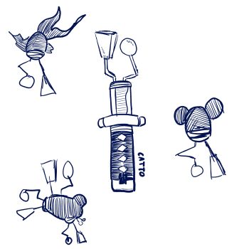 artist_name broken broken_sword broken_weapon catto commentary english_commentary enten_(sword) fish fusion goldfish highres instrument jujutsu_kaisen kagurabachi katana no_humans simple_background sketch spoilers sword telescope_goldfish vibraslap weapon white_background