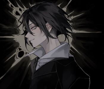 Rule 34 | 1boy, androgynous, black background, black hair, black jacket, brown eyes, bungou stray dogs, commentary, english commentary, floating hair, fyodor dostoyevsky (bungou stray dogs), grey background, grin, highres, jacket, looking to the side, male focus, nyxespa, portrait, profile, shirt, short hair, smile, solo, undercut, white shirt